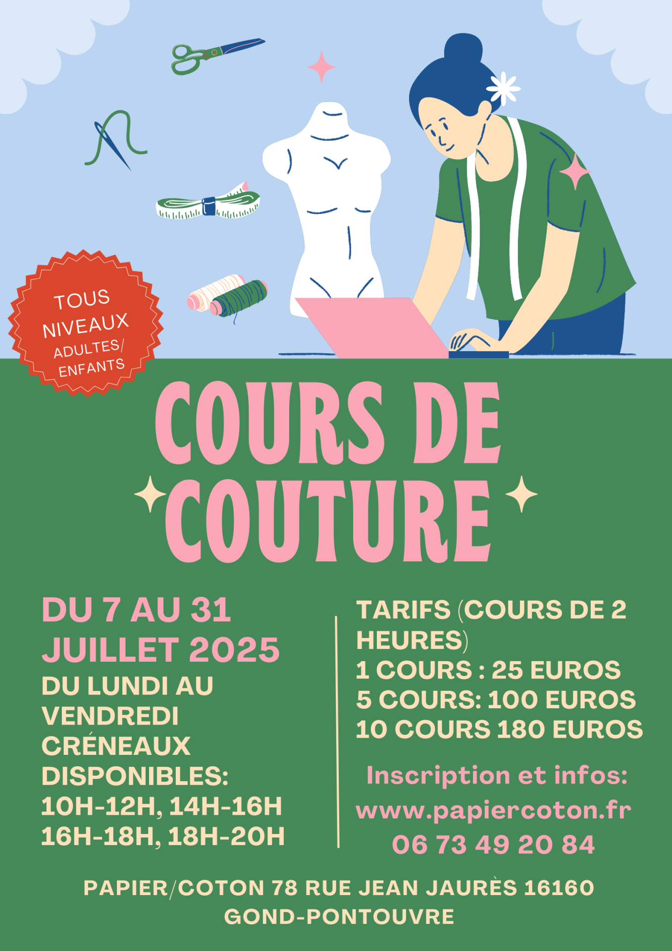 Green and blue retro illustrated sewing workshop poster